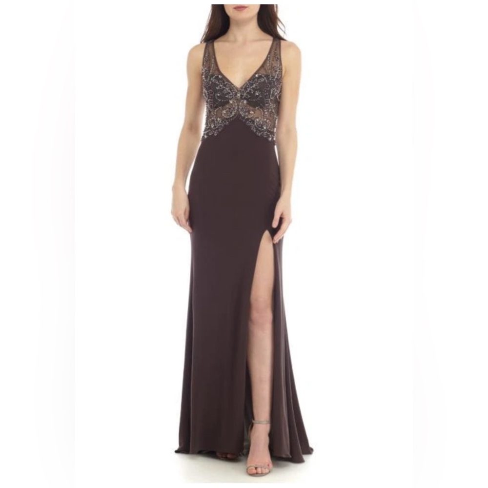 Betsy & Adam 8 Beaded Mesh Sheer Brown Gown Forest Fairy Glam Prom Formal Dress